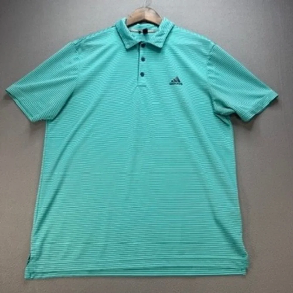 Adidas Golf Polo Shirt Mens Large L Green Striped Short Sleeve Athletic Logo